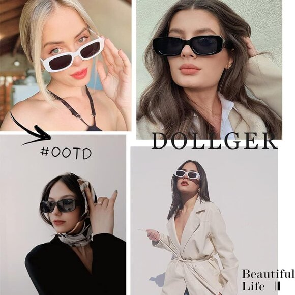 Trendy Rectangle Black+white Sunglasses Women Men Retro Square Fashion Shades - Picture 3 of 5
